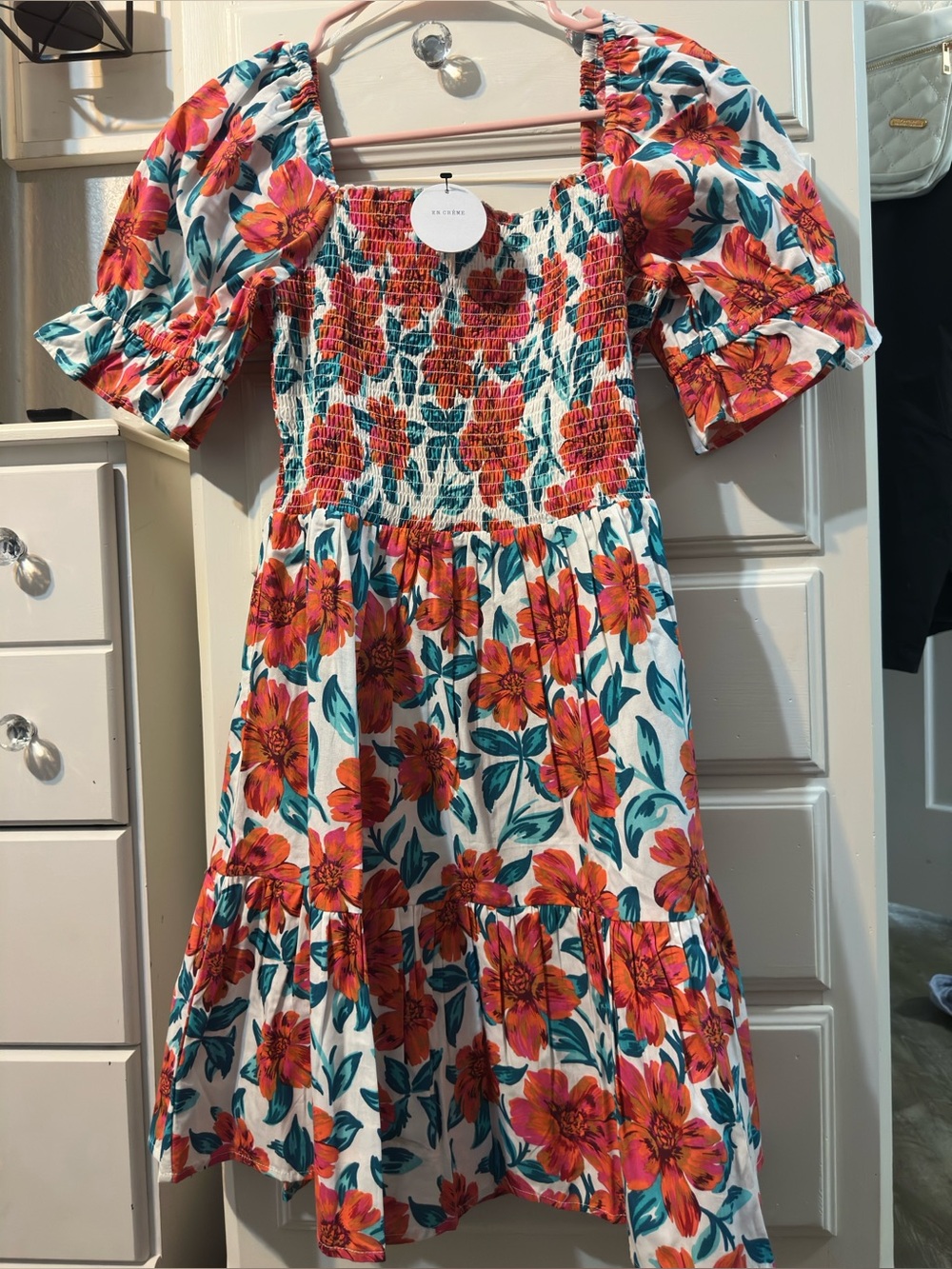 En Creme White Dress with Orange Floral Print